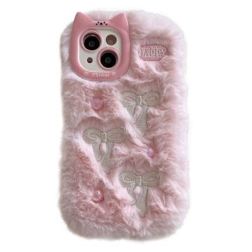 iPhone 15 Case 3D Bow Design Pearl Accents Fuzzy Winter Flexible Phone Cover - Pink